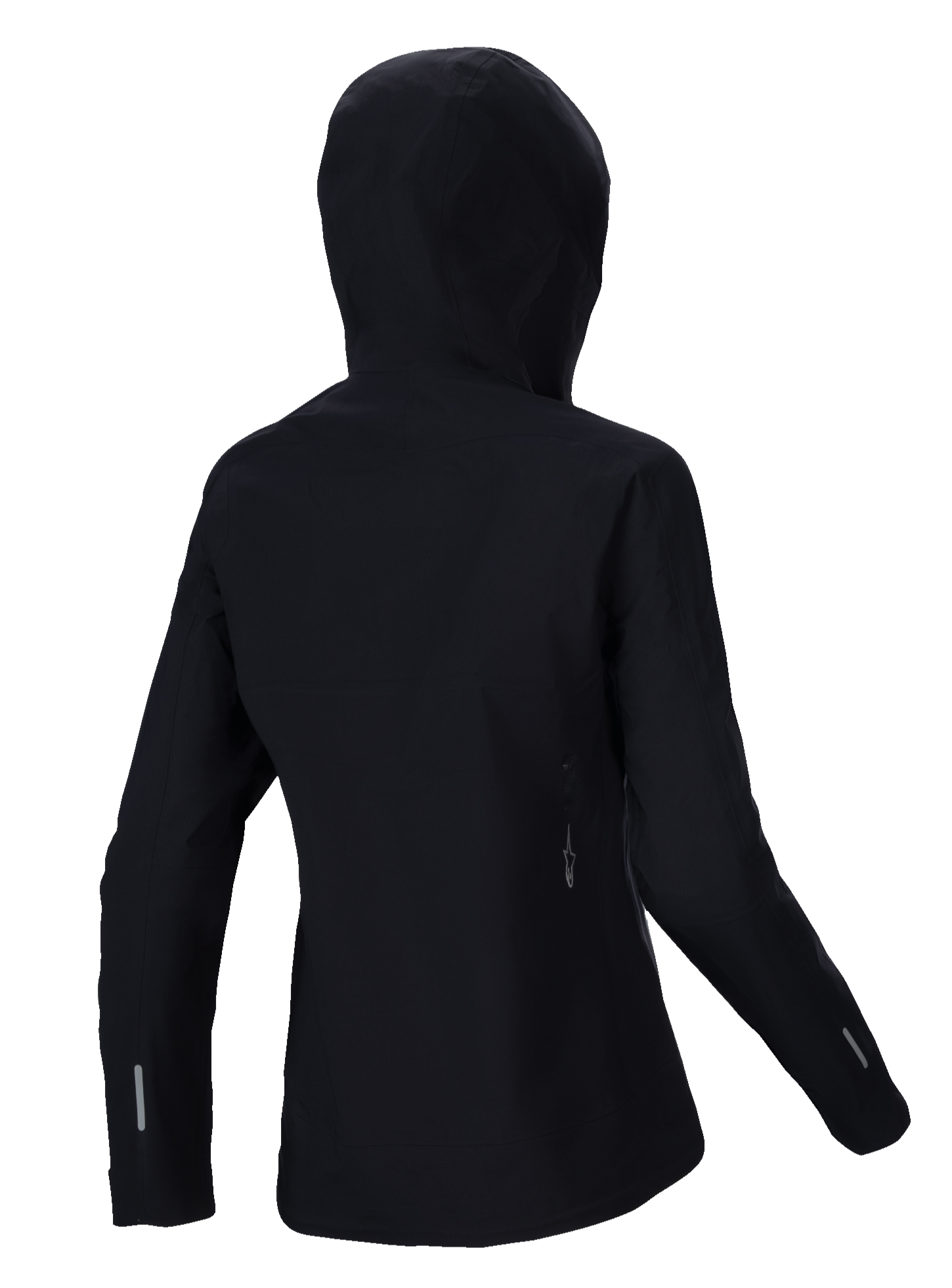 Veste imperméable Alpinestars Stella A-Dura Elite, veste de pluie VTT pour femme, noir, vue arrière présentant la capuche compatible avec le casque, détails réfléchissants sur les manches et le bas du dos, textile ripstop durable pour rouler sur les sentiers par tous les temps
