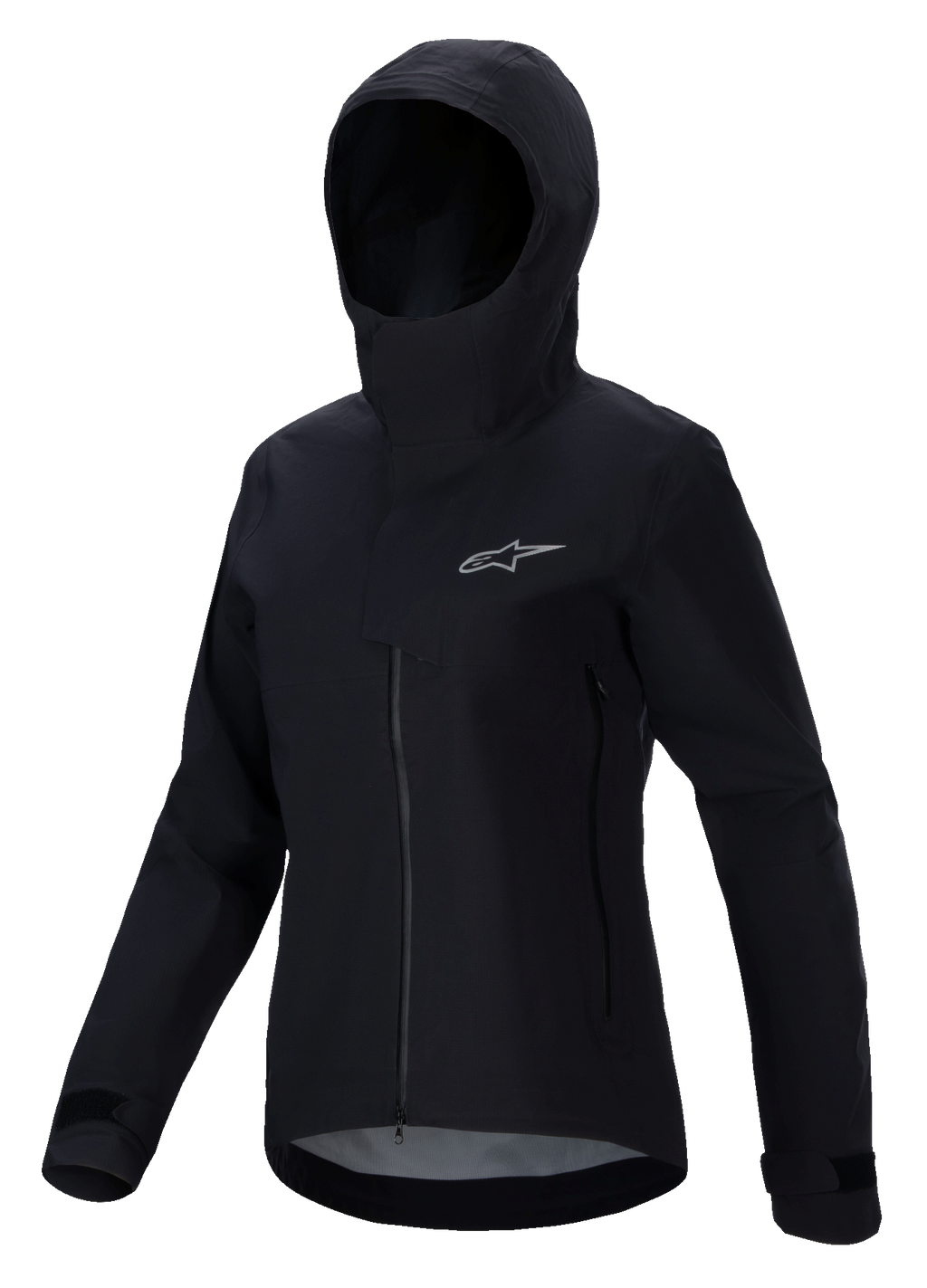 Veste imperméable Alpinestars Stella A-Dura Elite, veste de VTT pour femme, noire, avec design à capuche et rabat de protection, fermeture éclair frontale, poches zippées et poignets réglables par velcro, tissu technique imperméable avec logo argenté sur la poitrine