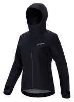 Veste imperméable Alpinestars Stella A-Dura Elite, veste de VTT pour femme, noire, avec design à capuche et rabat de protection, fermeture éclair frontale, poches zippées et poignets réglables par velcro, tissu technique imperméable avec logo argenté sur la poitrine