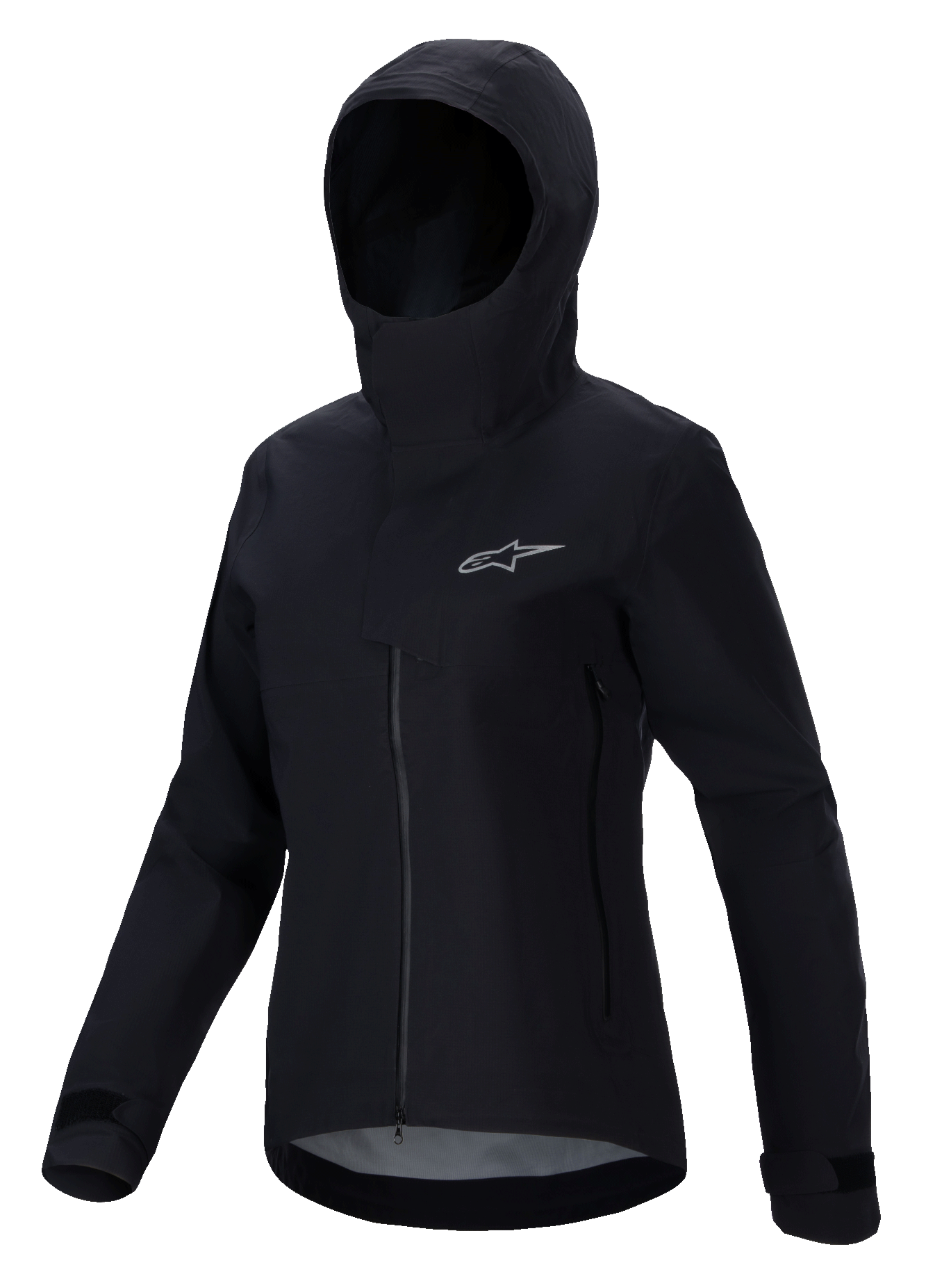 Veste imperméable Alpinestars Stella A-Dura Elite, veste de VTT pour femme, noire, avec design à capuche et rabat de protection, fermeture éclair frontale, poches zippées et poignets réglables par velcro, tissu technique imperméable avec logo argenté sur la poitrine