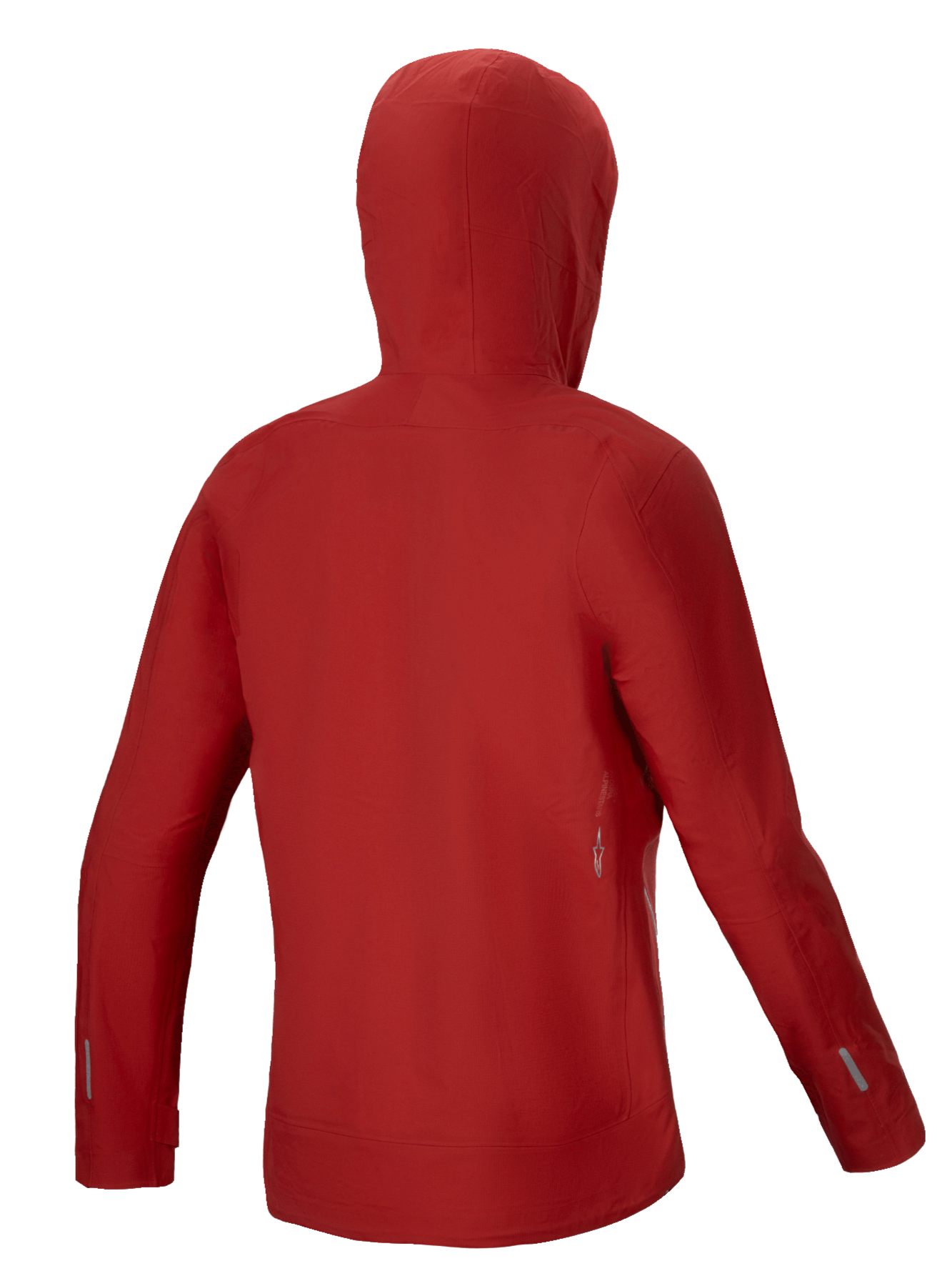 Alpinestars Veste Imperméable Stella A-Dura Elite, veste de pluie VTT pour femme, rouge fluo, vue de dos avec capuche compatible casque et construction en membrane 3L stretch ripstop