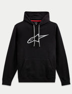 Alpinestars Ageless V3 Hoodie, lässige Streetwear, Schwarz mit großem grauem gesticktem Stern-Logo, Kapuze mit grauen Kordelzügen, Kängurutasche, lange Ärmel, modernes, vom Motorsport inspiriertes Design