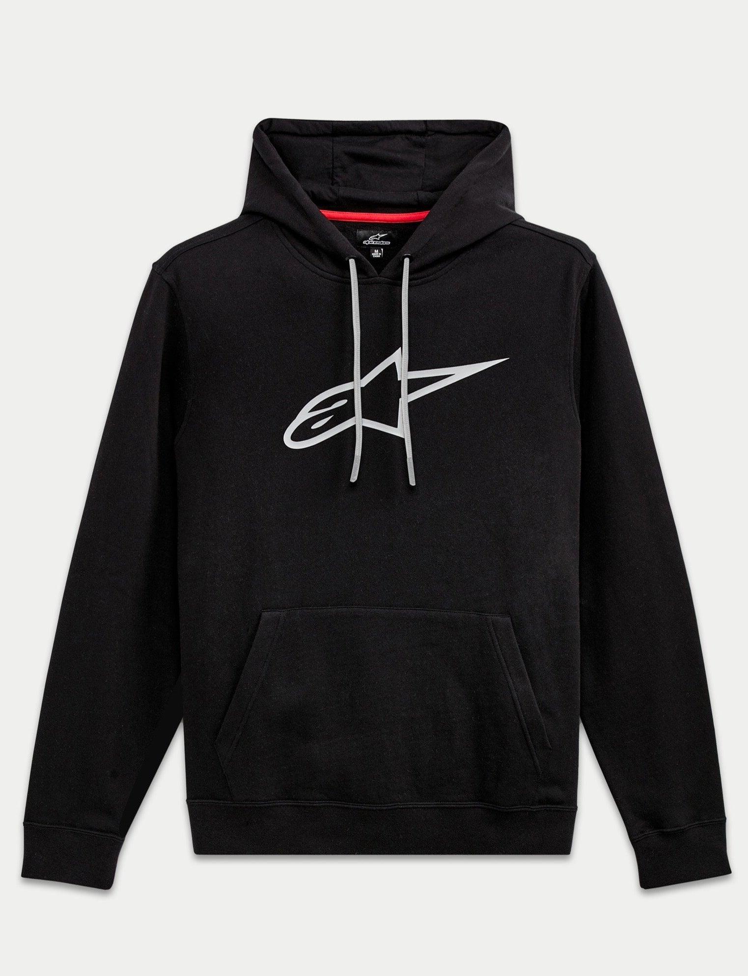 Alpinestars Ageless V3 Kapuzenpullover, Sportswear-Fleece-Pullover, Schwarz und Grau, 80% Baumwoll-Fleece-Konstruktion mit großem gesticktem Stern-Logo, Kängurutasche und verstellbarer Kapuze mit Kordelzug