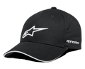 Alpinestars Rostrum Hat, Black Baseball Cap with White 3D Embroidered Star Logo, Curved Bill with White Sandwich Detail, Side Alpinestars Wordmark, Motorsport Lifestyle Headwear