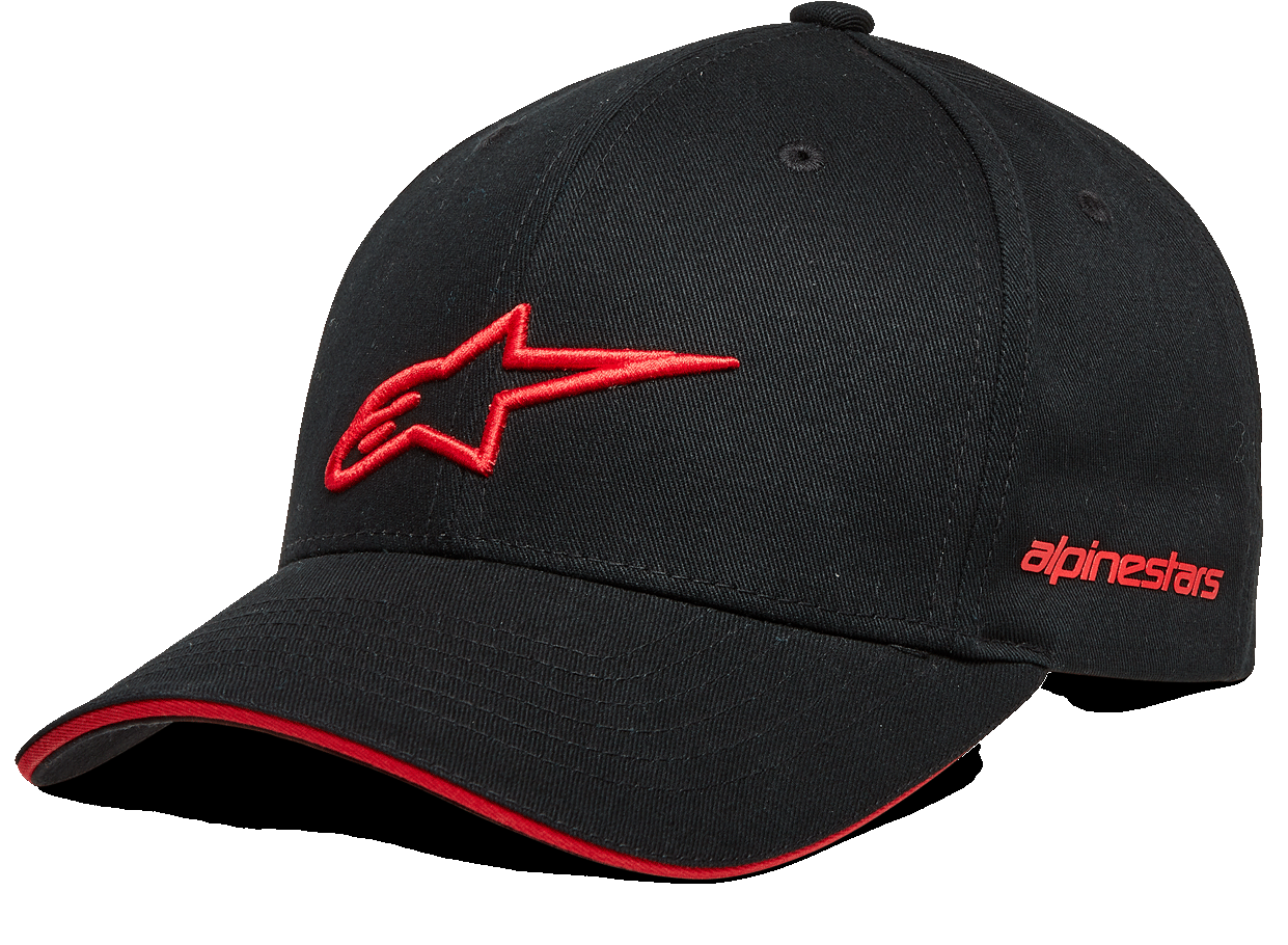 Casquette Alpinestars Rostrum, casquette de baseball noire avec logo étoile 3D rouge, visière incurvée avec détail sandwich rouge, marquage Alpinestars brodé sur le côté, couvre-chef de sport mécanique décontracté
