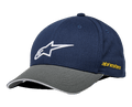 Alpinestars Rostrum Hat, Baseball-Cap, Marineblau und Grau, weiß gesticktes Stern-Logo, gelbes seitliches Branding, gebogener Schirm, Casual Motorsport Streetwear