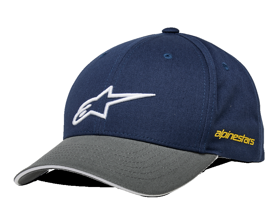 Alpinestars Rostrum Hat, casquette de baseball, bleu marine et gris, logo étoile blanc brodé, marquage jaune sur le côté, visière incurvée, style streetwear décontracté sport automobile