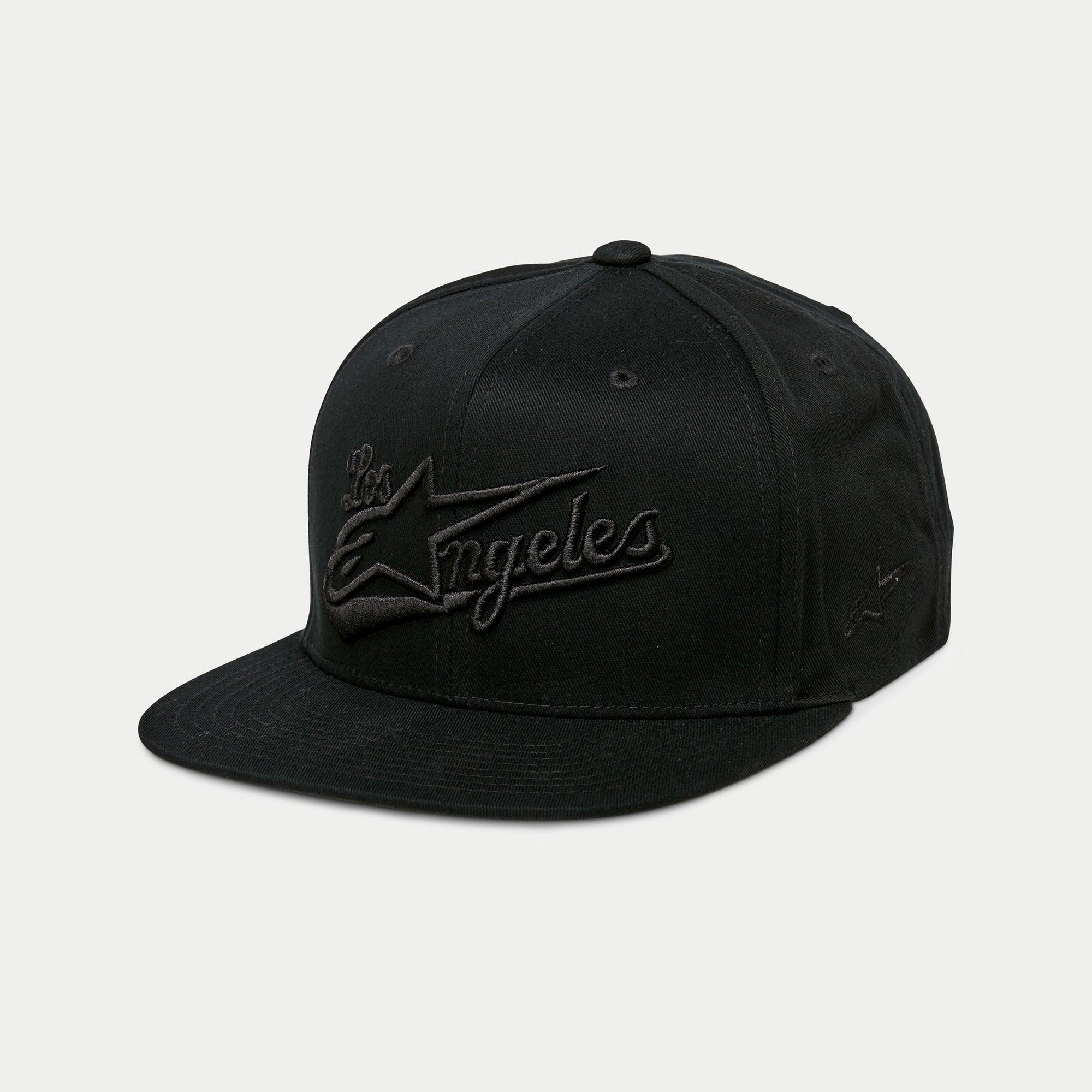 Alpinestars Los Angeles pet, zwarte snapback met platte klep, 3D tonaal borduursel met Los Angeles tekst en Ageless logo, gestructureerde kroon, casual sportkleding