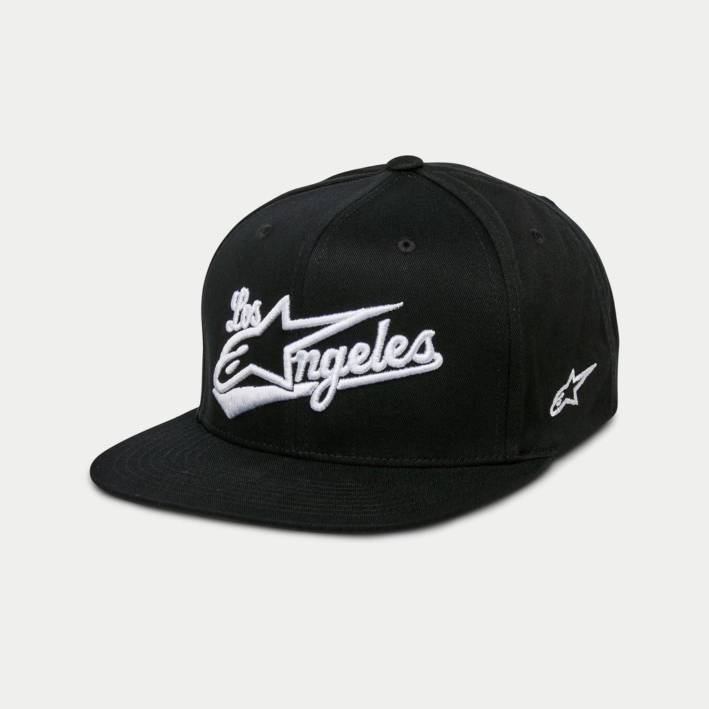 Alpinestars Los Angeles pet, snapback cap met platte klep, zwart en wit, 3D geborduurd atletisch lettertype met Astars-logo, gestructureerde kroon, casual motorsport streetwear