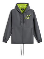 Alpinestars Speeder Chromium Windbreak Jas, houtskoolgrijs met Hi-Vis geel, limoengroen sterlogo op de borst, capuchon met mesh-voering, volledige ritssluiting met trekkoord in de zoom, casual motorsport-geïnspireerde windbreaker