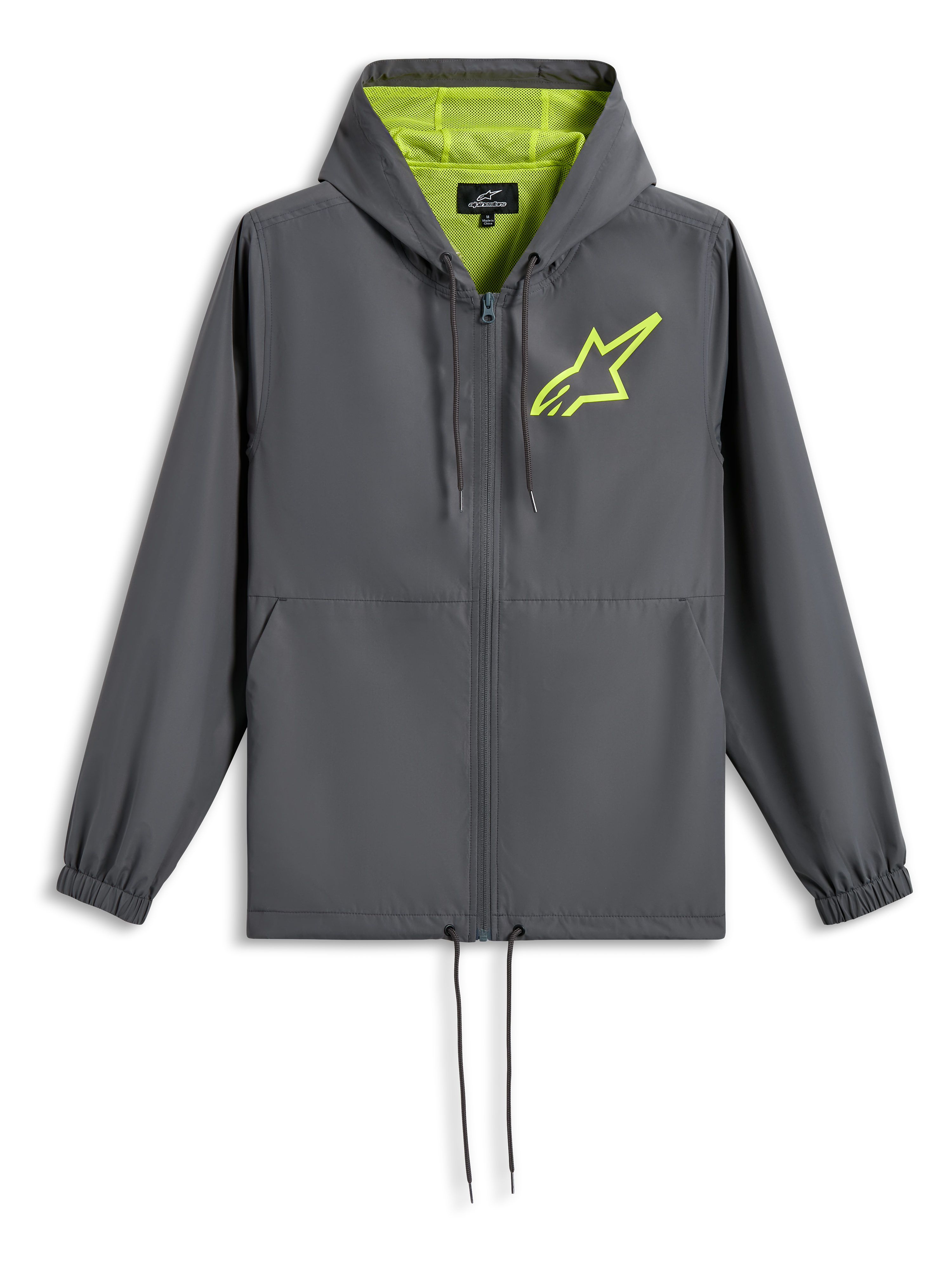 Alpinestars Speeder Chromium Windbreak Jas, houtskoolgrijs met Hi-Vis geel, limoengroen sterlogo op de borst, capuchon met mesh-voering, volledige ritssluiting met trekkoord in de zoom, casual motorsport-geïnspireerde windbreaker