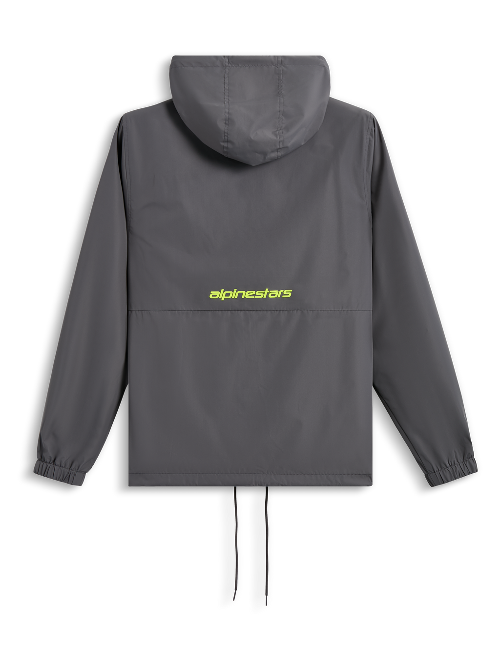 Alpinestars Speeder Chromium Windbreak Jacket, achteraanzicht, antracietgrijs met Hi-Vis geel logo op de rug, windjack met capuchon, elastische manchetten en zoom met trekkoord, casual motorsport-geïnspireerde streetwear