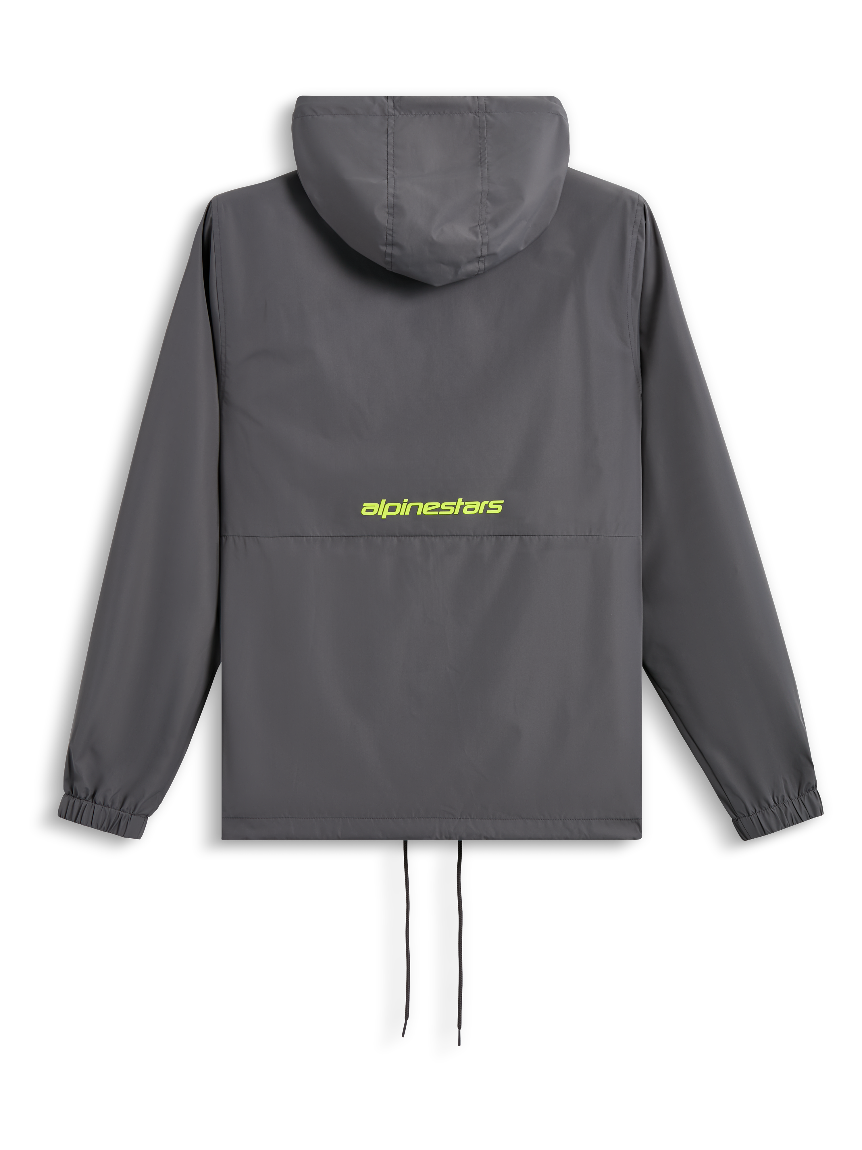 Alpinestars Speeder Chromium Windbreak Jacket, achteraanzicht, antracietgrijs met Hi-Vis geel logo op de rug, windjack met capuchon, elastische manchetten en zoom met trekkoord, casual motorsport-geïnspireerde streetwear