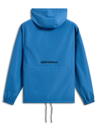 Alpinestars Speeder Chromium Windbreaker Jas, felblauw, achteraanzicht met zwart Alpinestars-woordlogo, lichtgewicht windbreaker met capuchon, elastische manchetten, verstelbare zoom met trekkoorden, casual motorsport-geïnspireerde bovenkleding