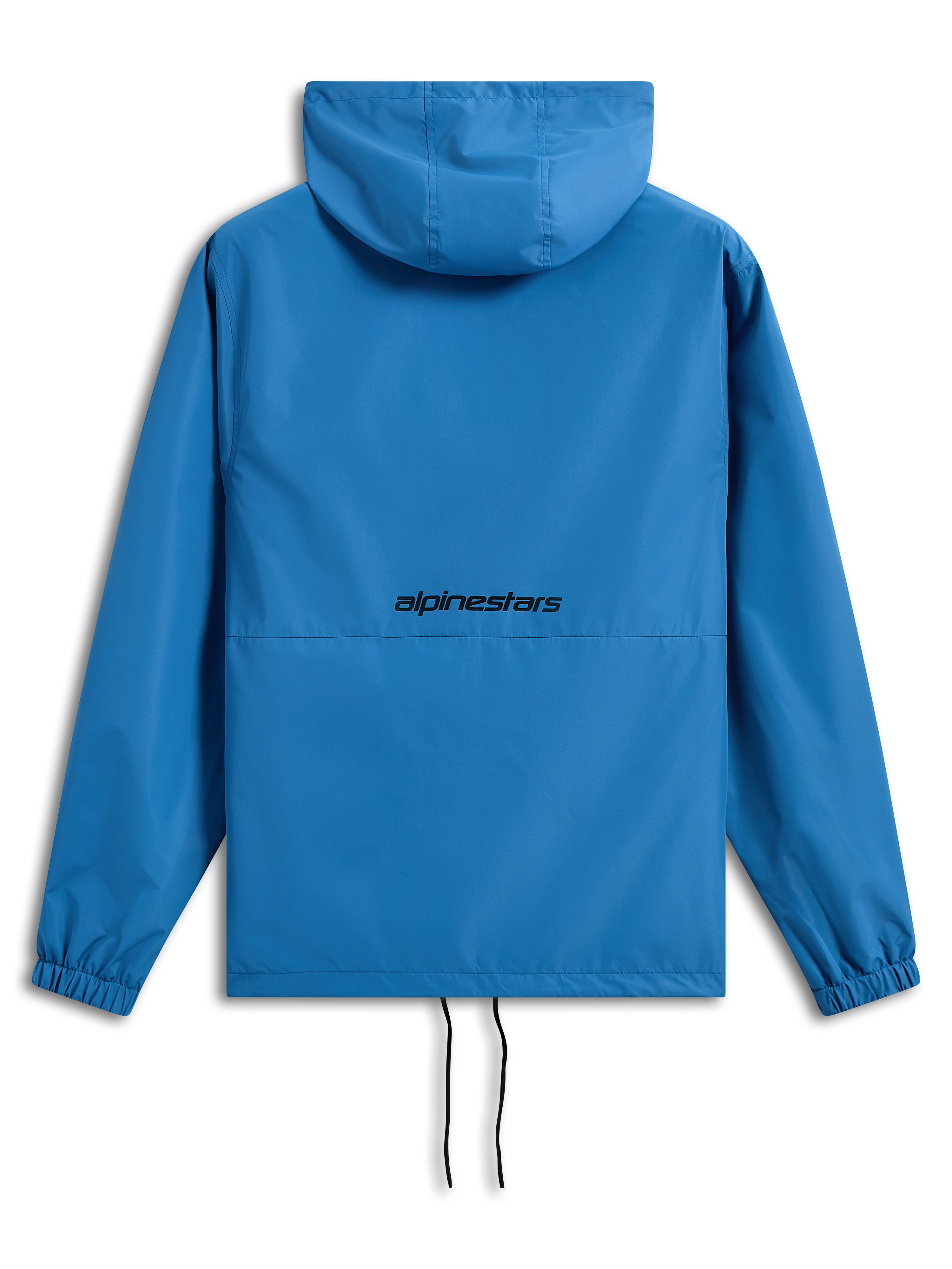 Alpinestars Speeder Chromium Windbreaker Jas, felblauw, achteraanzicht met zwart Alpinestars-woordlogo, lichtgewicht windbreaker met capuchon, elastische manchetten, verstelbare zoom met trekkoorden, casual motorsport-geïnspireerde bovenkleding