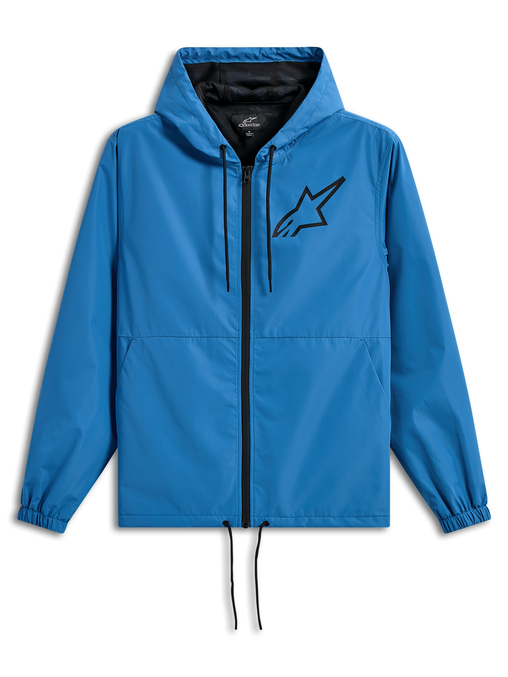 Alpinestars Speeder Chromium Windbreak Jacket, lichtgewicht windbreaker met capuchon, blauw met zwarte accenten, voorzien van een zwart Astars-logo op de borst, mesh voering, ritssluiting aan de voorzijde en verstelbare trekkoorden bij de capuchon en zoom
