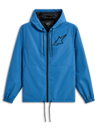 Alpinestars Speeder Chromium Windbreak Jacket, lichtgewicht windbreaker met capuchon, blauw met zwarte accenten, voorzien van een zwart Astars-logo op de borst, mesh voering, ritssluiting aan de voorzijde en verstelbare trekkoorden bij de capuchon en zoom