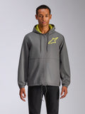 Alpinestars Speeder Chromium Windbreak Jacket, antracietgrijze windbreaker met capuchon, hi-vis geel sterlogo, limoengroene binnenkant van de capuchon, elastische manchetten, verstelbare trekkoorden, ritssluiting aan de voorzijde, casual motorsportstijl