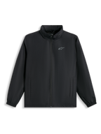 Veste Alpinestars Overhaul Racer, veste de pluie noire, avec petit logo argenté sur la poitrine, fermeture éclair avant intégrale et poches latérales, streetwear décontracté inspiré des sports mécaniques