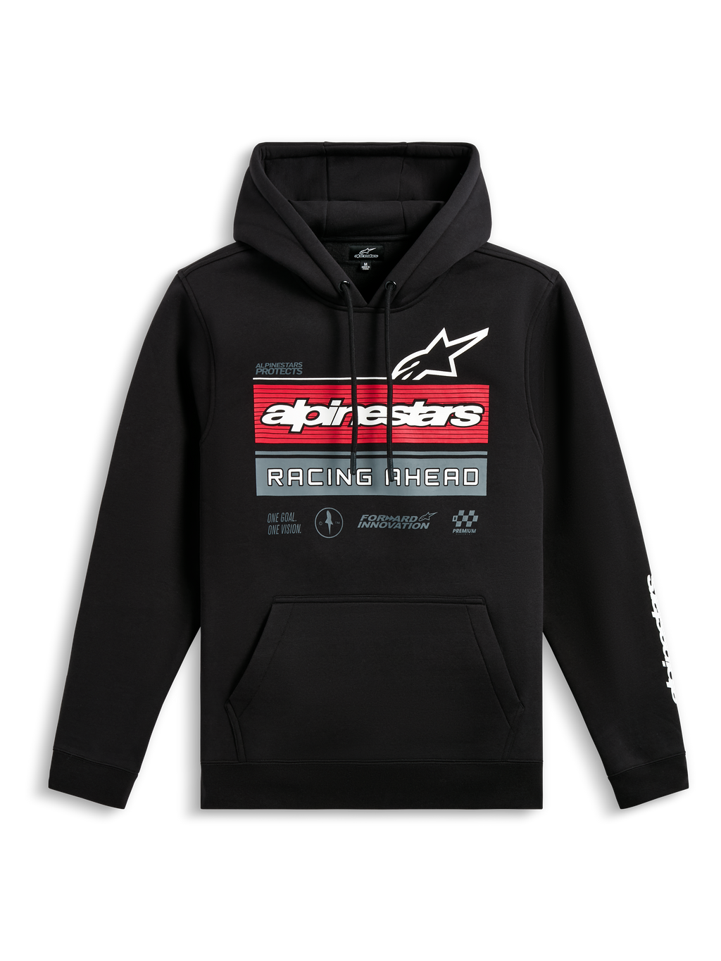 Alpinestars Harken Hoodie, zwarte pullover hoodie, grafische print op de voorzijde met Alpinestars-logo en 'Racing Ahead'-tekst, rode en grijze horizontale strepen, kangoeroezak, wit woordmerk-logo op de mouw, casual streetwear geïnspireerd op de motorsport