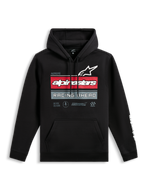 Alpinestars Harken Hoodie, zwarte pullover hoodie, grafische print op de voorzijde met Alpinestars-logo en 'Racing Ahead'-tekst, rode en grijze horizontale strepen, kangoeroezak, wit woordmerk-logo op de mouw, casual streetwear geïnspireerd op de motorsport