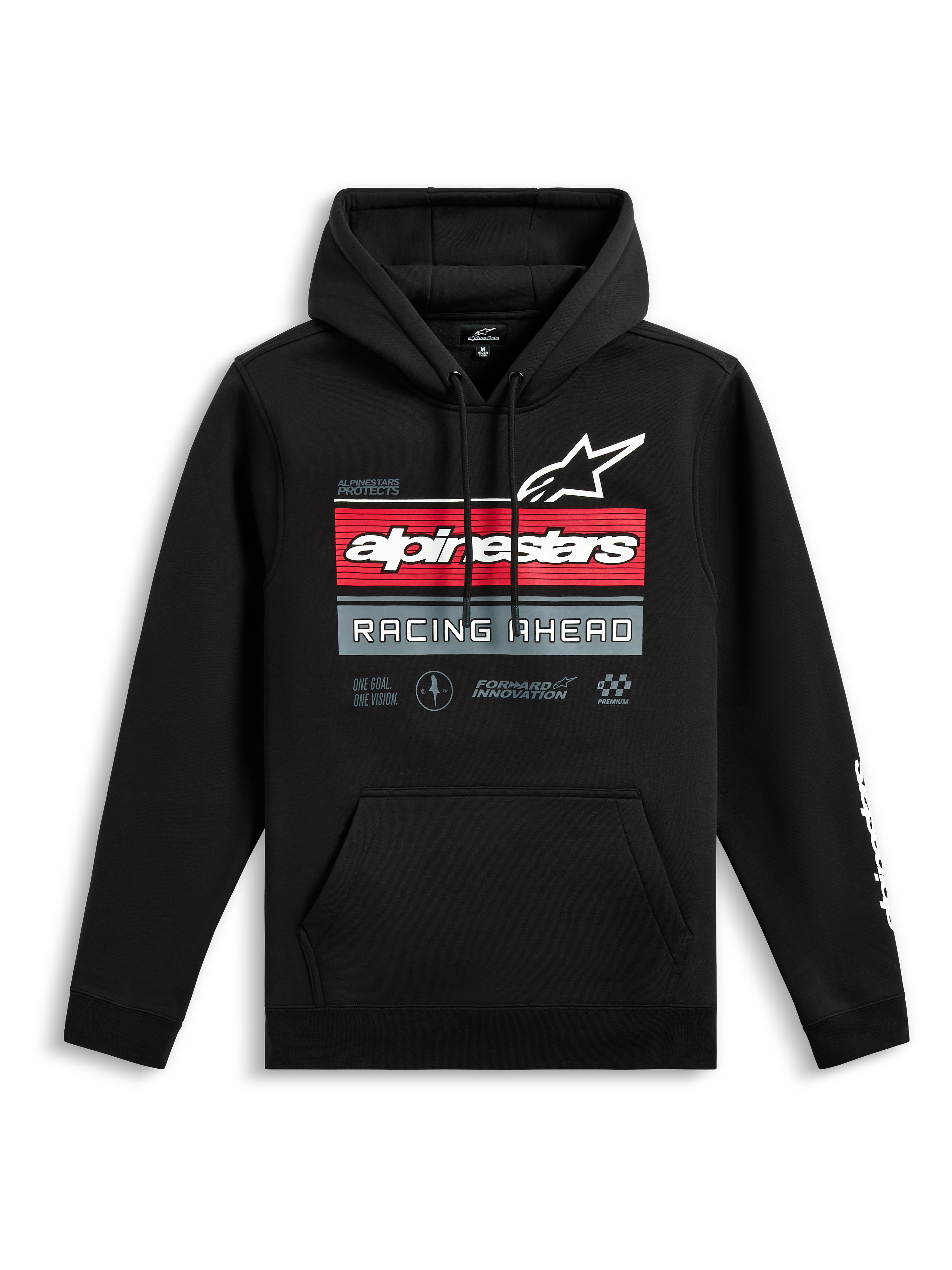 Alpinestars Harken Hoodie, zwarte pullover hoodie, grafische print op de voorzijde met Alpinestars-logo en 'Racing Ahead'-tekst, rode en grijze horizontale strepen, kangoeroezak, wit woordmerk-logo op de mouw, casual streetwear geïnspireerd op de motorsport