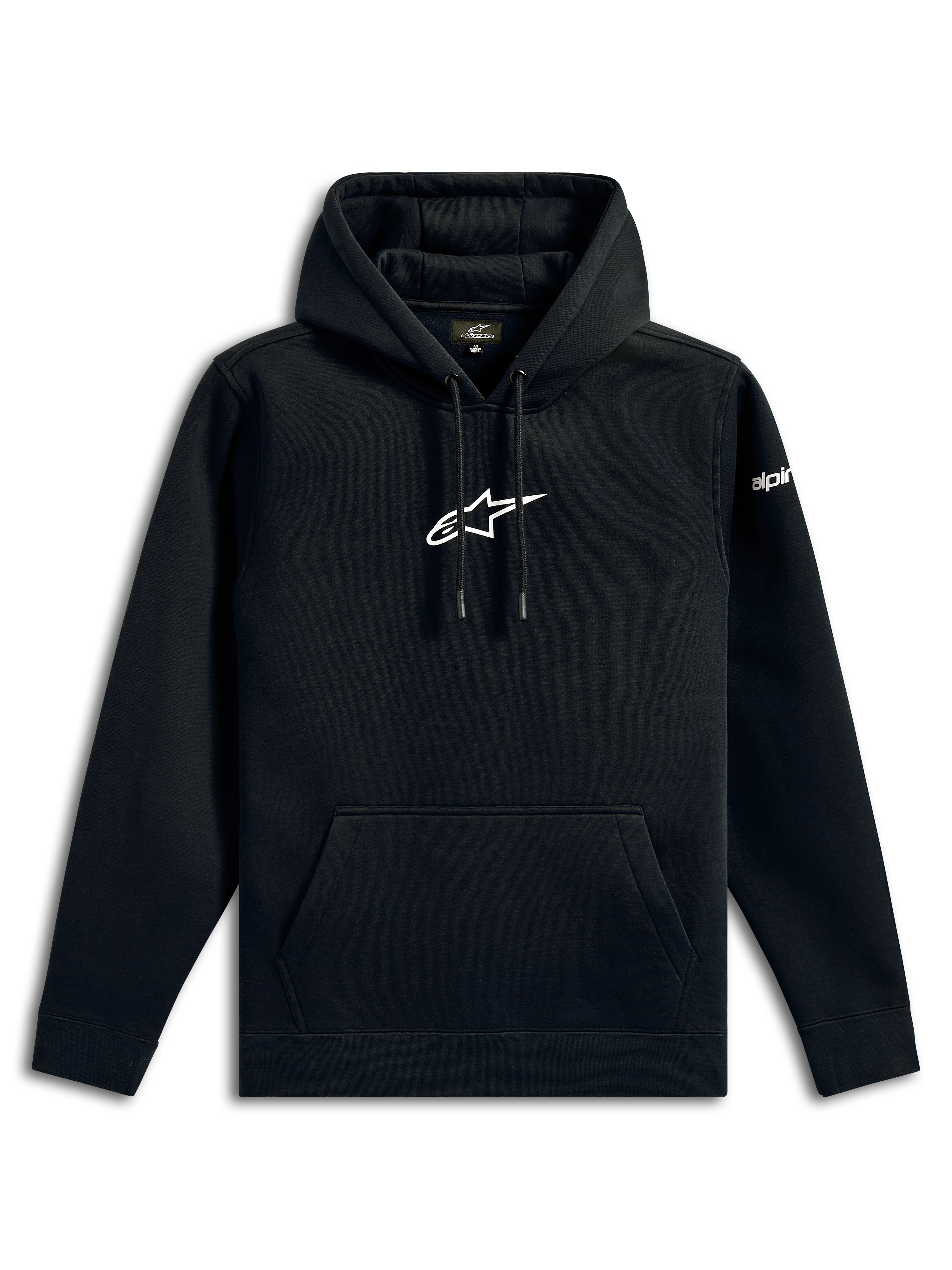 Alpinestars Frontal Hoodie, sweat à capuche streetwear décontracté, noir avec logo étoile Alpinestars blanc sur la poitrine, poche kangourou, capuche avec cordon de serrage, manches longues, design inspiré du sport automobile