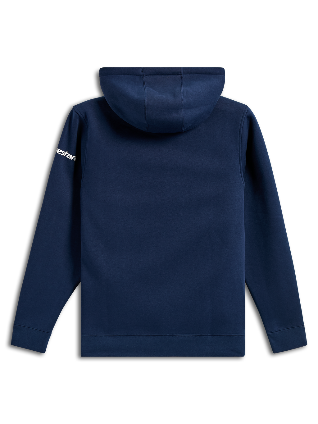 Alpinestars Frontal Hoodie, casual marineblauwe fleece pullover, achteraanzicht, wit Alpinestars-woordlogo op de mouw, geribde manchetten en zoom, op motorsport geïnspireerde streetwear