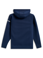 Alpinestars Frontal Hoodie, casual marineblauwe fleece pullover, achteraanzicht, wit Alpinestars-woordlogo op de mouw, geribde manchetten en zoom, op motorsport geïnspireerde streetwear