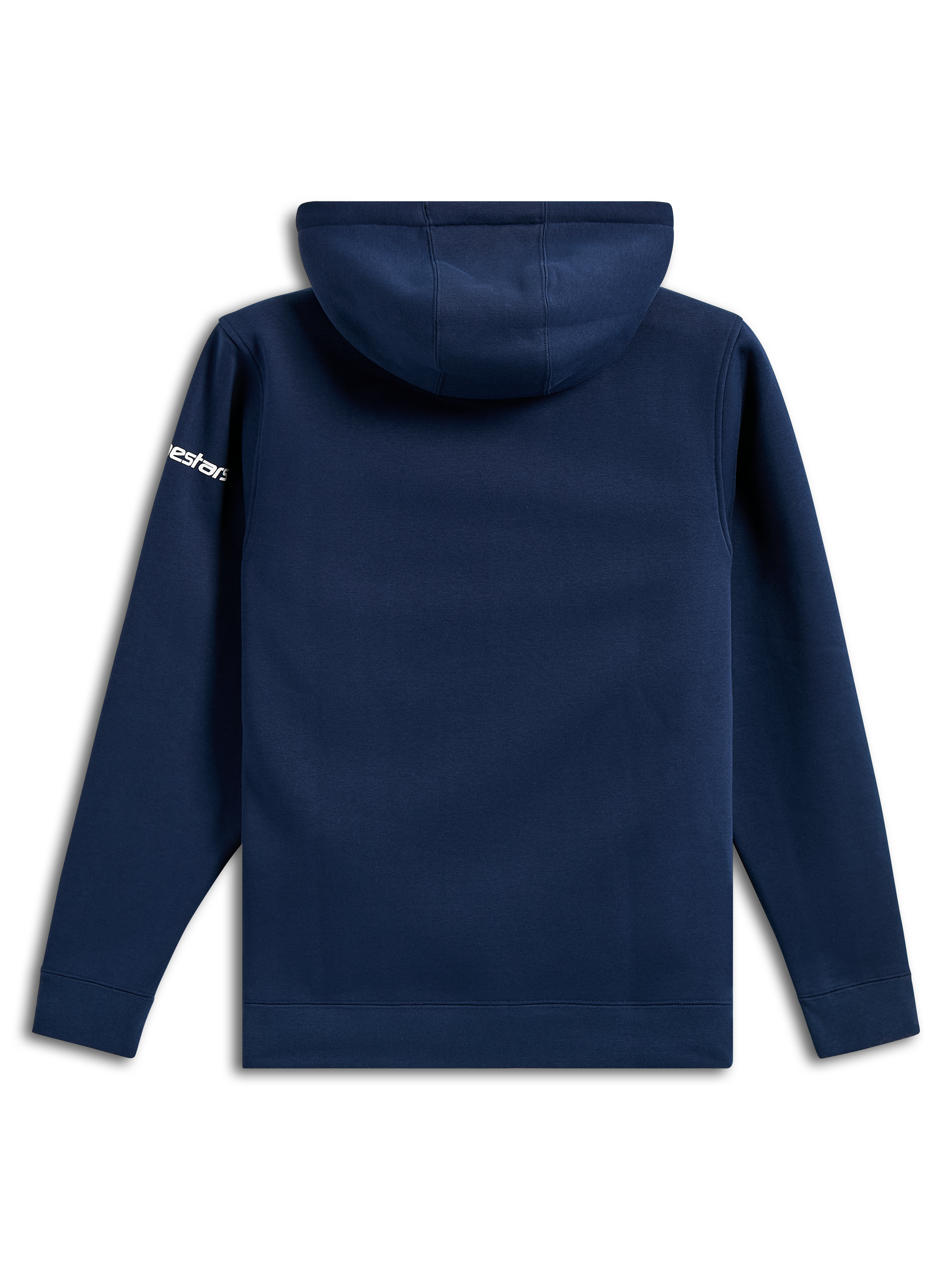 Alpinestars Frontal Hoodie, casual marineblauwe fleece pullover, achteraanzicht, wit Alpinestars-woordlogo op de mouw, geribde manchetten en zoom, op motorsport geïnspireerde streetwear