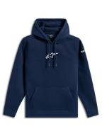 Alpinestars Frontal Hoodie, casual streetwear, marineblauw met wit Astars-logo op de borst en woordmerk op de mouw, capuchon met trekkoord, kangoeroezak, modern op de motorsport geïnspireerd ontwerp