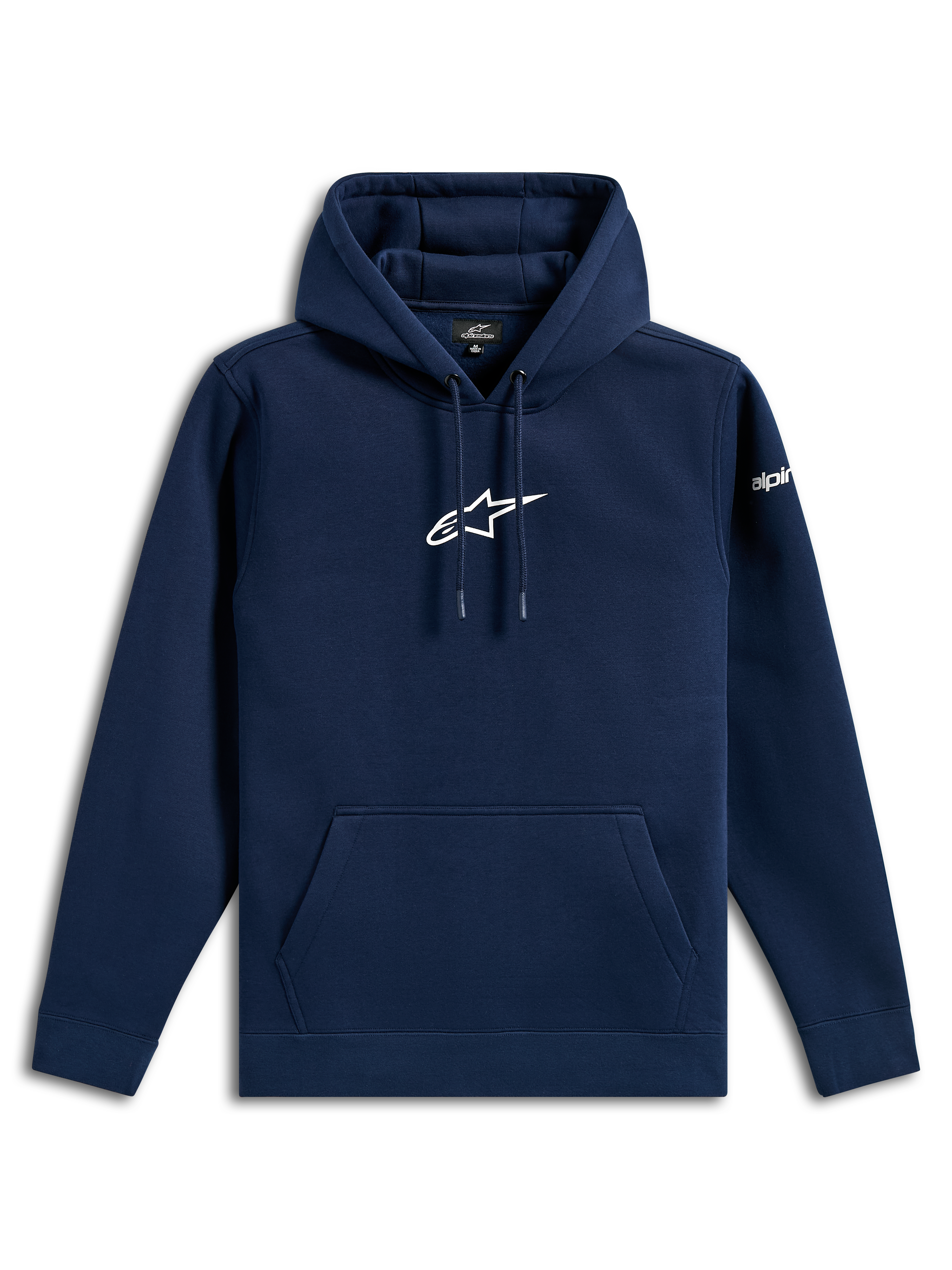 Alpinestars Frontal Hoodie, casual streetwear, marineblauw met wit Astars-logo op de borst en woordmerk op de mouw, capuchon met trekkoord, kangoeroezak, modern op de motorsport geïnspireerd ontwerp