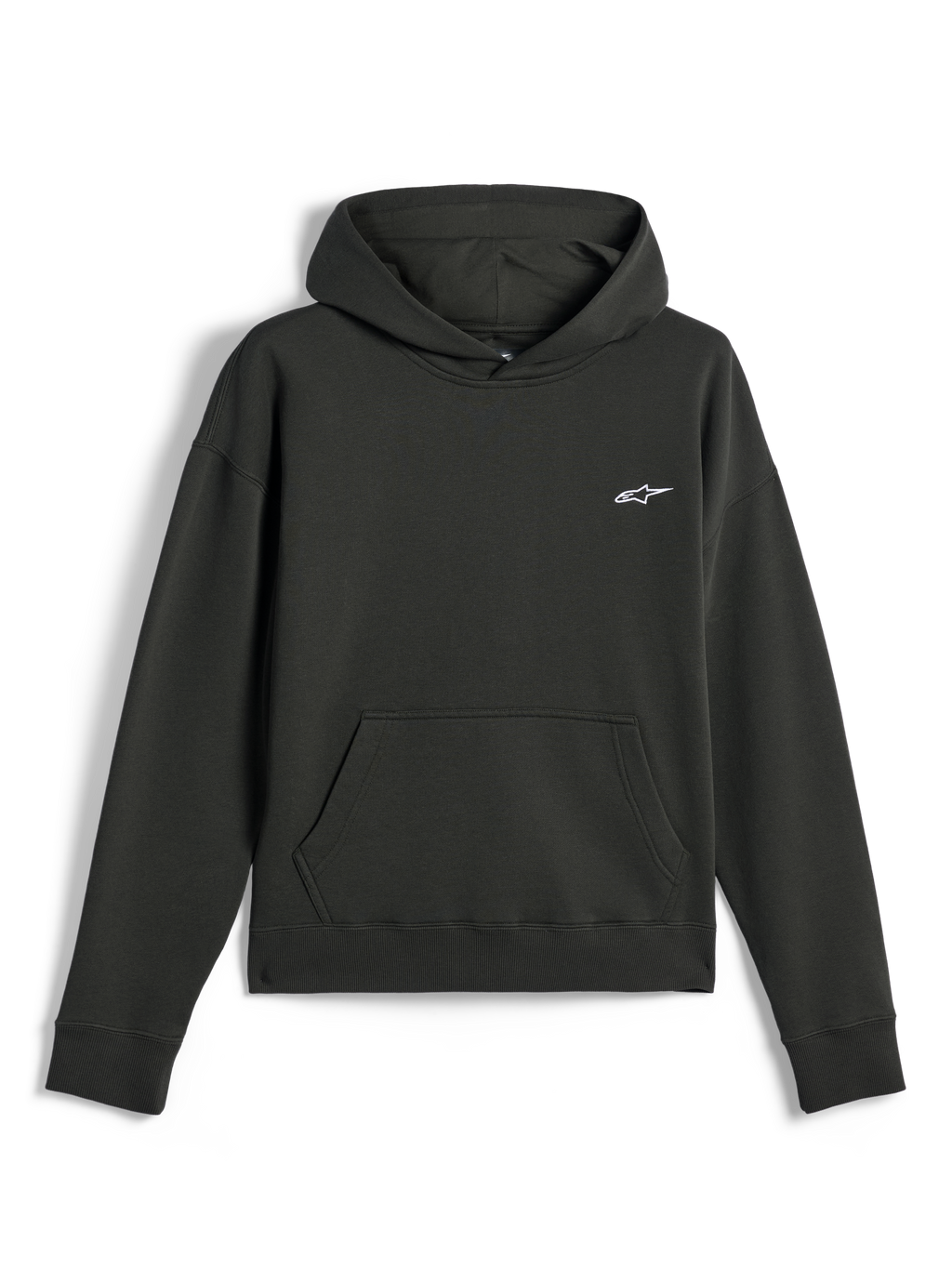 Alpinestars Essentials Ageless Hoodie, lässige Streetwear, Off Black mit kleinem weißem Astars-Logo, Kapuzenpullover mit Kängurutasche vorne, hochwertiges Stone-Wash-Fleece-Finish