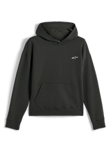 Alpinestars Essentials Ageless Hoodie, casual streetwear, Off Black met een klein wit Astars-logo, pullover met capuchon en kangoeroezak aan de voorzijde, premium stone-washed fleece afwerking