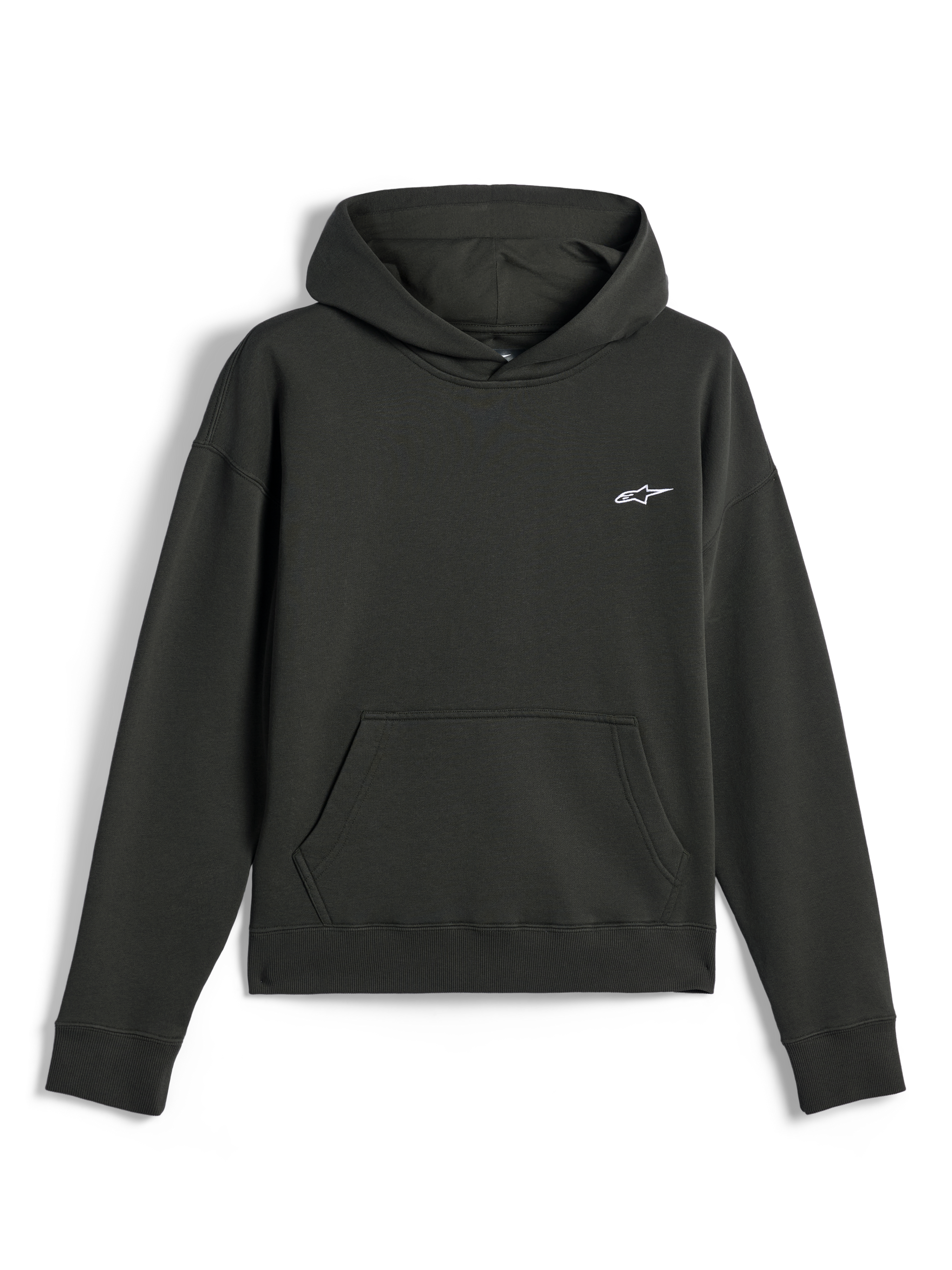 Alpinestars Essentials Ageless Hoodie, casual streetwear, Off Black met een klein wit Astars-logo, pullover met capuchon en kangoeroezak aan de voorzijde, premium stone-washed fleece afwerking
