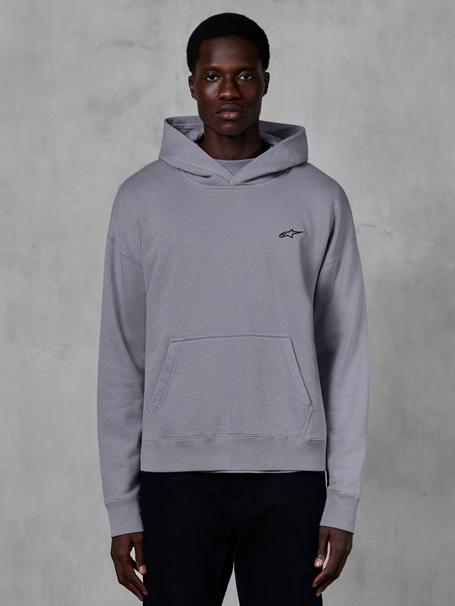 Alpinestars Essentials Ageless Hoodie, silver pullover hoodie, casual streetwear, featuring a small black Astars logo on the chest, front kangaroo pocket, crossover neck hood, and soft stone wash finish.