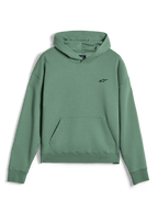 Alpinestars Essentials Ageless Hoodie, lässiger Streetwear-Pullover, Kaktusgrün mit Stone-Wash-Finish, kleines schwarzes Alpinestars-Logo auf der Brust, Kängurutasche vorne, gerippte Bündchen und Saum, hochwertiges Fleece-Material