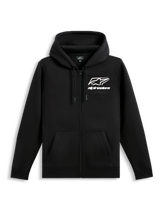 Alpinestars Formulation Hoodie, Poly-Fleece-Kapuzenjacke mit Reißverschluss, Schwarz, mit weißem Alpinestars-Logo und Schriftzug auf der Brust, netzgefütterte Kapuze mit Kordelzug, gerippte Bündchen und Saum, lässige Motorsport-Streetwear
