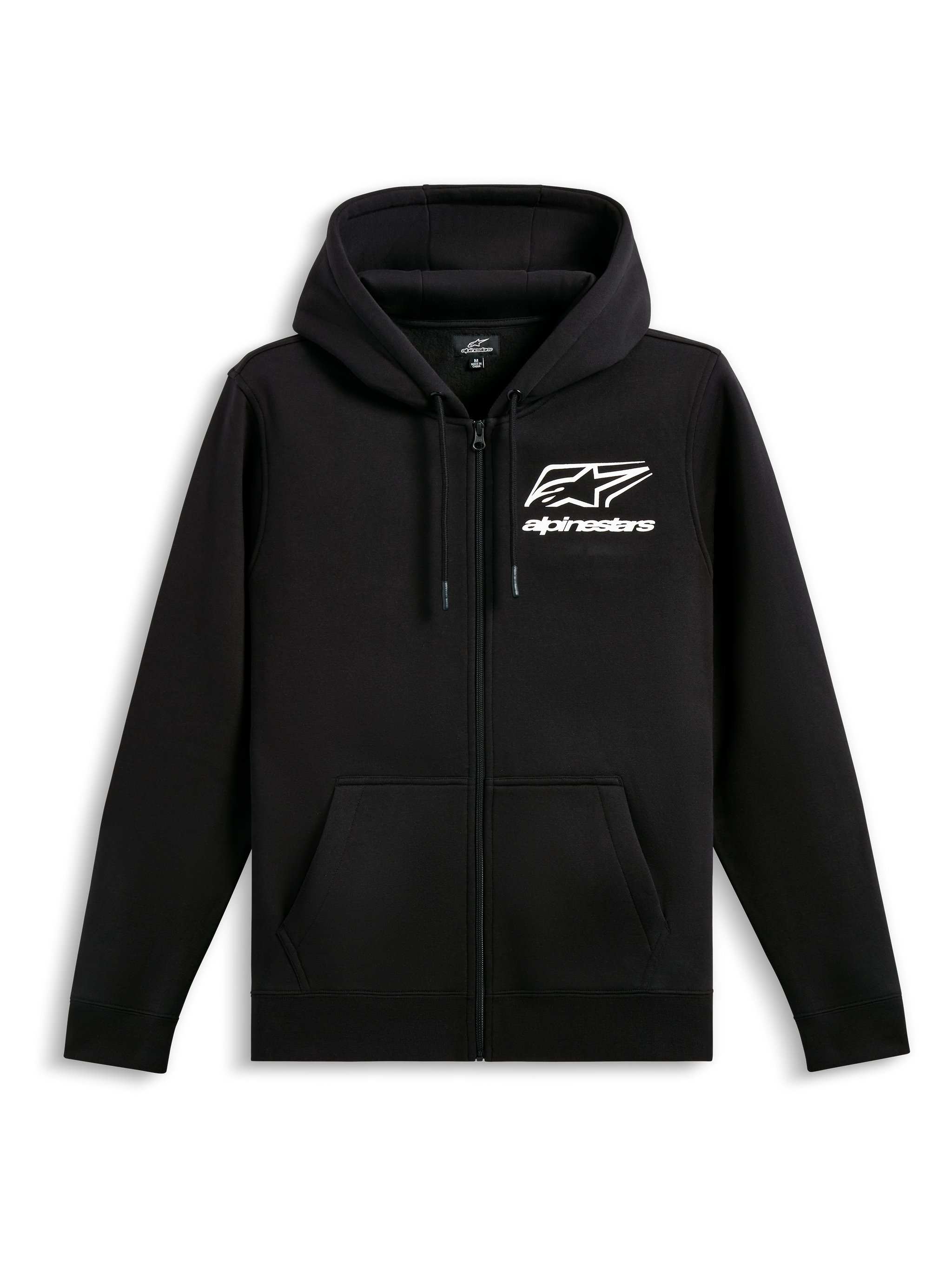 Alpinestars Formulation Hoodie, Poly-Fleece-Kapuzenjacke mit Reißverschluss, Schwarz, mit weißem Alpinestars-Logo und Schriftzug auf der Brust, netzgefütterte Kapuze mit Kordelzug, gerippte Bündchen und Saum, lässige Motorsport-Streetwear