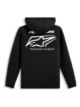 Alpinestars Formulation Hoodie, Rückansicht, Schwarz, große weiße Grafik mit Alpinestars-Logo und 'RACING AHEAD' Schriftzug, lässige Sportbekleidung, Polyfleece mit geripptem Saum und Bündchen