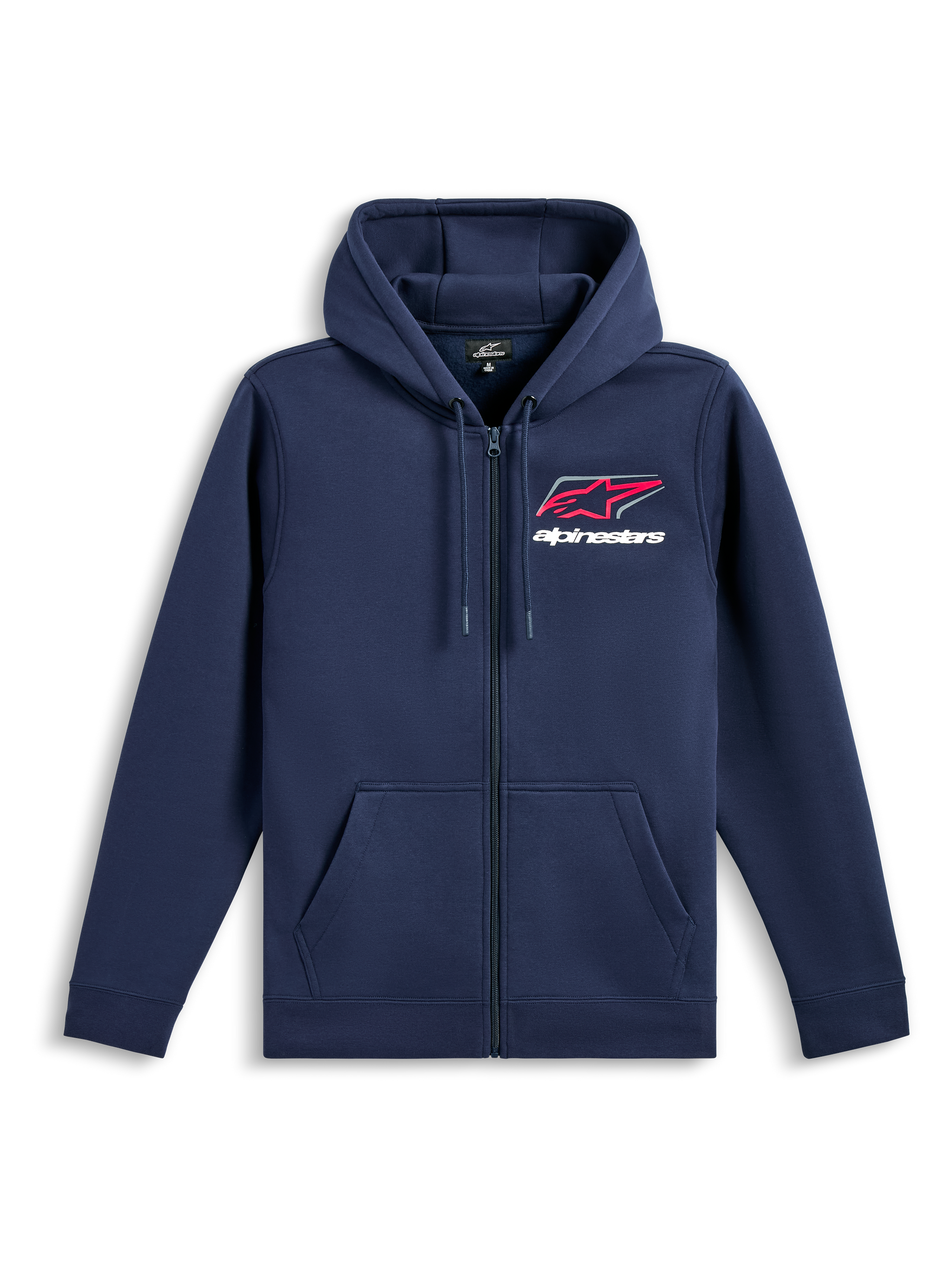 Alpinestars Formulation Hoodie, casual sportkleding, navyblauw met rood en wit logo op de borst, volledige ritssluiting aan de voorkant, capuchon met trekkoord, lange mouwen, geribde boorden en zoom