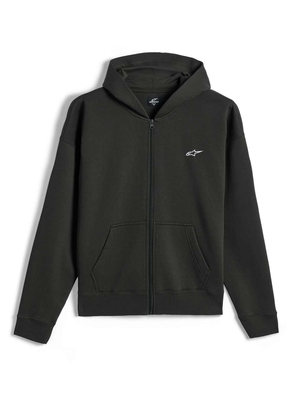 Alpinestars Essentials Ageless Zip Hoodie, fleece hoodie met volledige ritssluiting, Off Black, klein wit Alpinestars-logo op de linkerborst, casual motorsport streetwear, met voorzakken en geribbelde manchetten