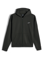 Alpinestars Essentials Ageless Zip Hoodie, fleece hoodie met volledige ritssluiting, Off Black, klein wit Alpinestars-logo op de linkerborst, casual motorsport streetwear, met voorzakken en geribbelde manchetten