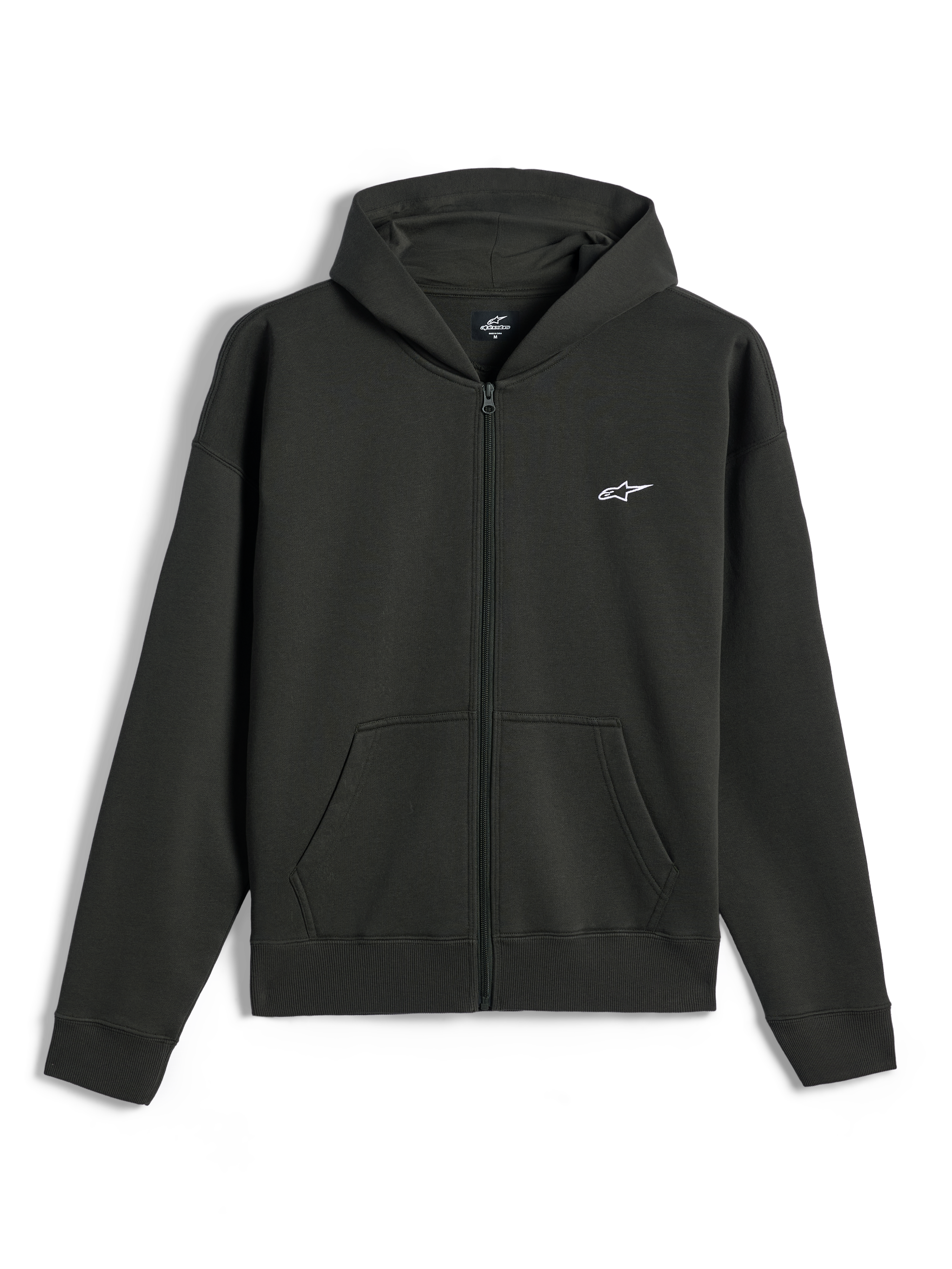 Alpinestars Essentials Ageless Zip Hoodie, fleece hoodie met volledige ritssluiting, Off Black, klein wit Alpinestars-logo op de linkerborst, casual motorsport streetwear, met voorzakken en geribbelde manchetten