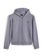 Alpinestars Essentials Ageless Zip Hoodie, casual streetwear, zilver, klein zwart Alpinestars-logo op de borst, volledige rits aan de voorzijde met kangoeroezakken, geribbelde manchetten en zoom, minimalistisch op motorsport geïnspireerd design