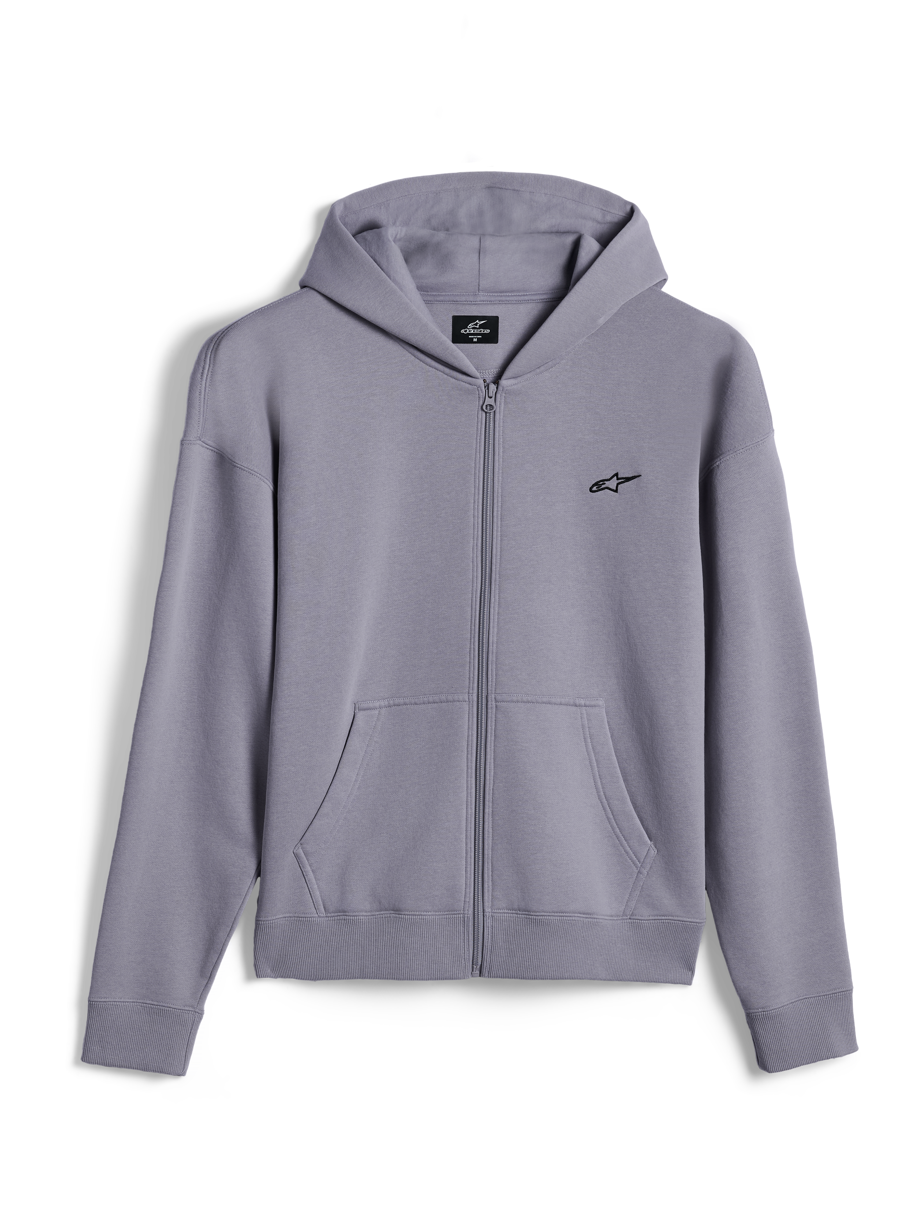 Alpinestars Essentials Ageless Zip Hoodie, casual streetwear, zilver, klein zwart Alpinestars-logo op de borst, volledige rits aan de voorzijde met kangoeroezakken, geribbelde manchetten en zoom, minimalistisch op motorsport geïnspireerd design