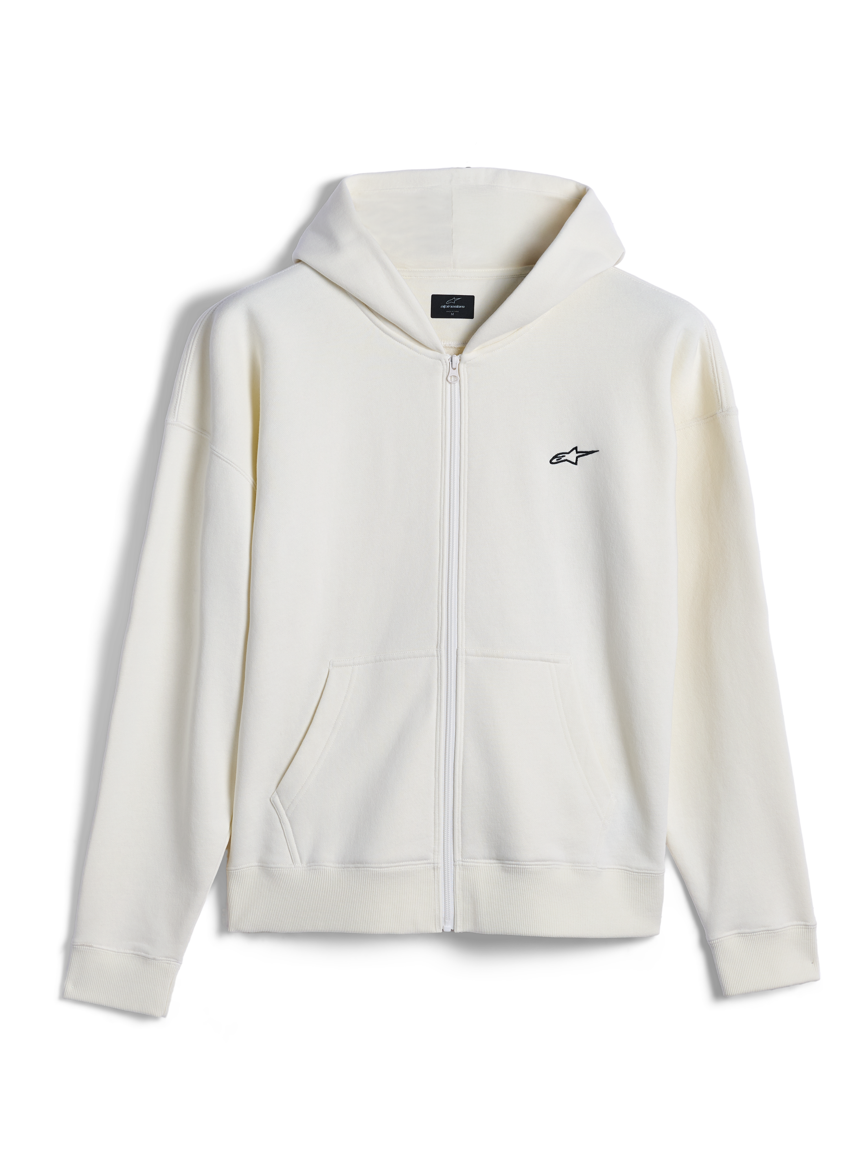 Alpinestars Essentials Ageless Zip Hoodie, legere Streetwear, Off-White mit kleinem schwarzem Alpinestars-Logo, durchgehender Reißverschluss vorne, geteilte Kängurutasche, entspannte Passform, hochwertiges Kompakt-Fleece-Design