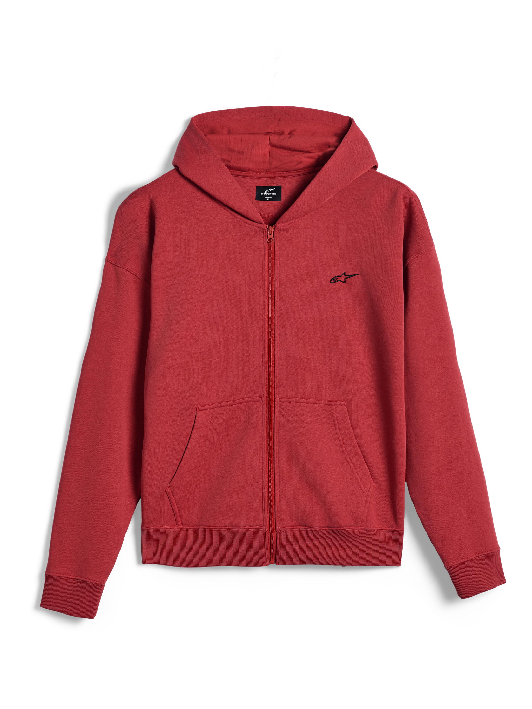 Alpinestars Essentials Ageless Zip Hoodie, Full-Zip Hoodie, Ziegelrot, kleines schwarzes Alpinestars-Logo auf der Brust, lässige Motorsport-Streetwear, gerippte Bündchen und Saum