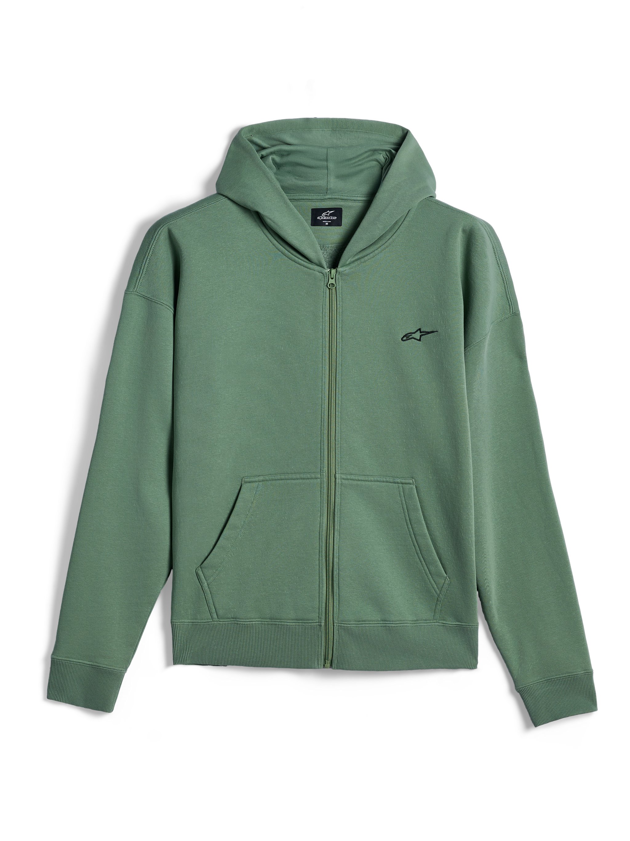Alpinestars Essentials Ageless Zip Hoodie, casual streetwear, Cactus Green with small black Alpinestars logo, full-zip front, hooded sweatshirt with split kangaroo pockets, ribbed cuffs and hem, motorsport-inspired design