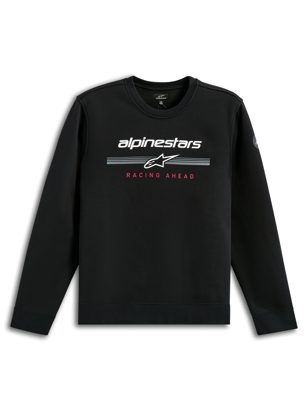 Alpinestars Bettern Crew, sweatshirt à col rond noir, logo Alpinestars blanc avec des bandes de course grises, texte 'Racing Ahead' rouge, style streetwear motorsport décontracté